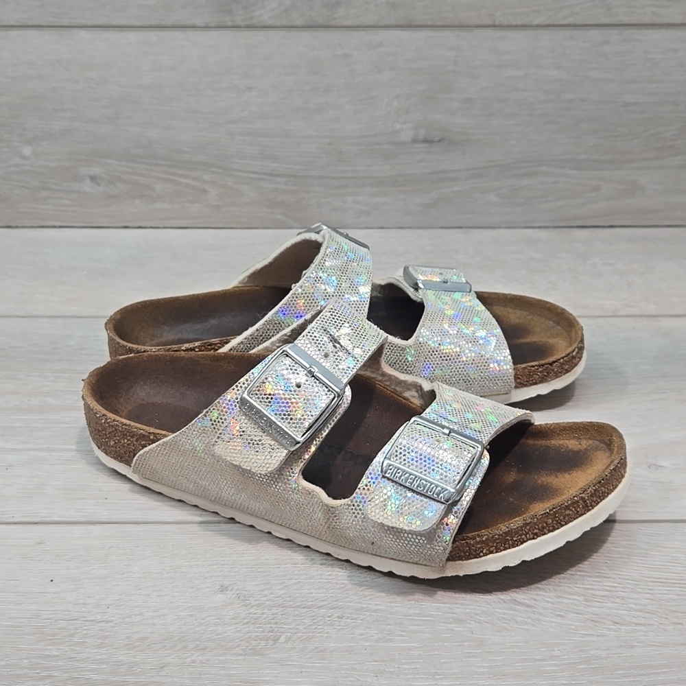 Birkenstock Kids Girl Arizona Glitter Silver Sandals Shoes Sz 34/2 Narrow